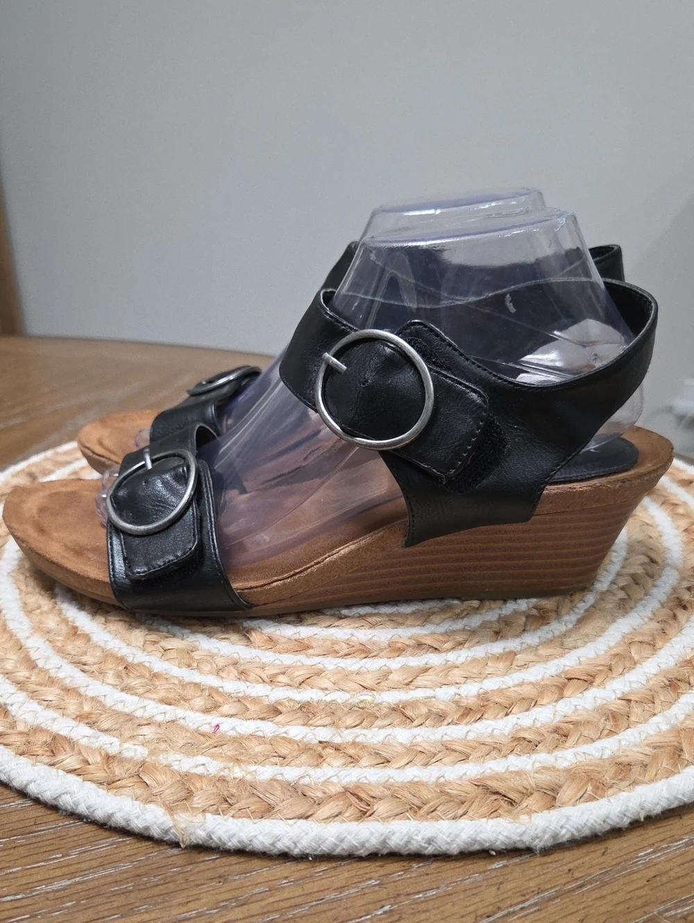 Vintage 7 Eight Black Double Buckle Comfort Wedge, Size 10
